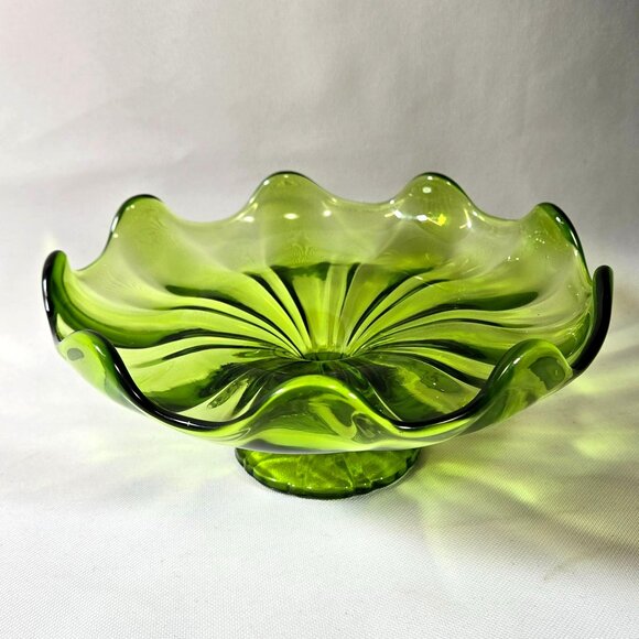 Vtg Mid-Century Modern LE Smith Green Glass Ruffled Pedestal Bowl Compote Dish - Picture 1 of 9